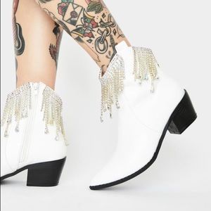 White Rhinestone Fringe Western Booties - Size 8 - New
